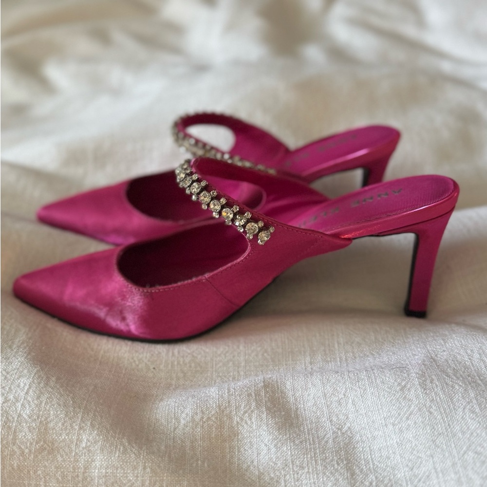 Anne Klein Elegant Pink Satin Heels with Rhinestone Strap